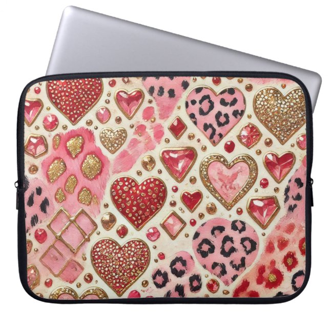 ROTE GOLD-VALENTINE-HERZEN UND LEOPARD-DRUCK LAPTOPSCHUTZHÜLLE (Vorderseite)