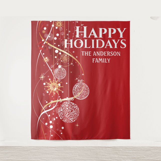 Rote Goldbälle Schneeflocken Chic Weihnachtsgrüße Wandteppich (Vorderseite)