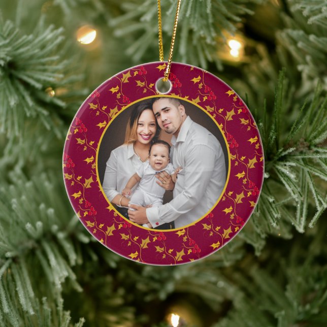 Rote Goldbeeren Weihnachts-Foto Keramik Ornament (Baum)