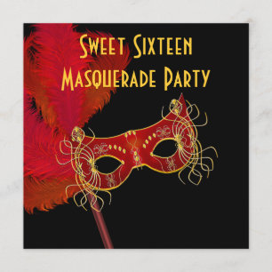 Rote Goldene Feder-Maske Sweet 16 Maskenball-Party Einladung