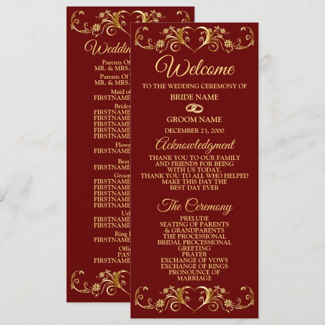 Rote goldene geometrische elegante Hochzeit  Programm (Vorne/Hinten)