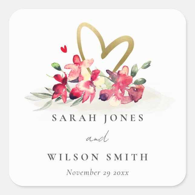 Rote goldene Orchideenhochzeit Quadratischer Aufkleber (Vorderseite)