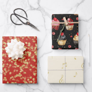 Rote Goldene Schwarze Musikinoten Cupcakes Brautpa Geschenkpapier Set