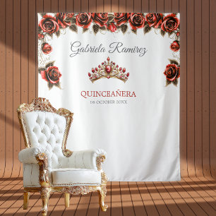 Rote goldene Tiara-Rosen-Quinceañera-Kulisse Wandteppich