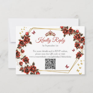 Rote goldene Tiara Rosen Schmetterling Quinceañera RSVP Karte