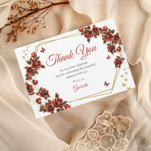 Rote goldene Tiara Rosen Schmetterlinge Quinceañer Dankeskarte