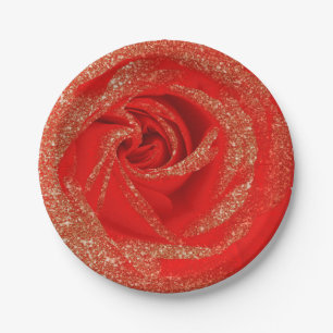 Rote GoldGlitzer-Rosen-weißes hölzernes Shabby Pappteller