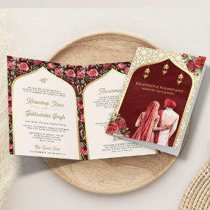 Rote Goldrosen Florale Alles in Einem Sikh-Hochzei Einladung