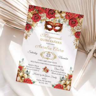 Rote Goldrosen Floraler Maskenball Quinceanera  Einladung