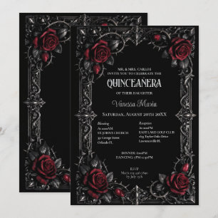 Rote gothische Halloween-Blumen-Quinceanera-Einlad Einladung