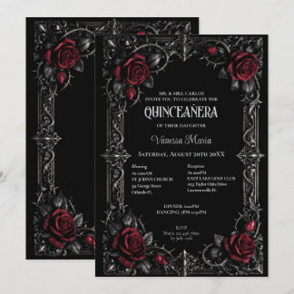 Rote gothische Halloween-Blumen-Quinceanera-Einlad Einladung