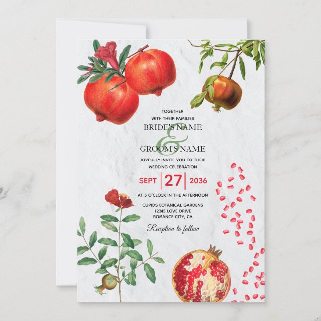 Rote Granatapfel Botanische Mittelmeer-Hochzeit Einladung (Vorderseite)