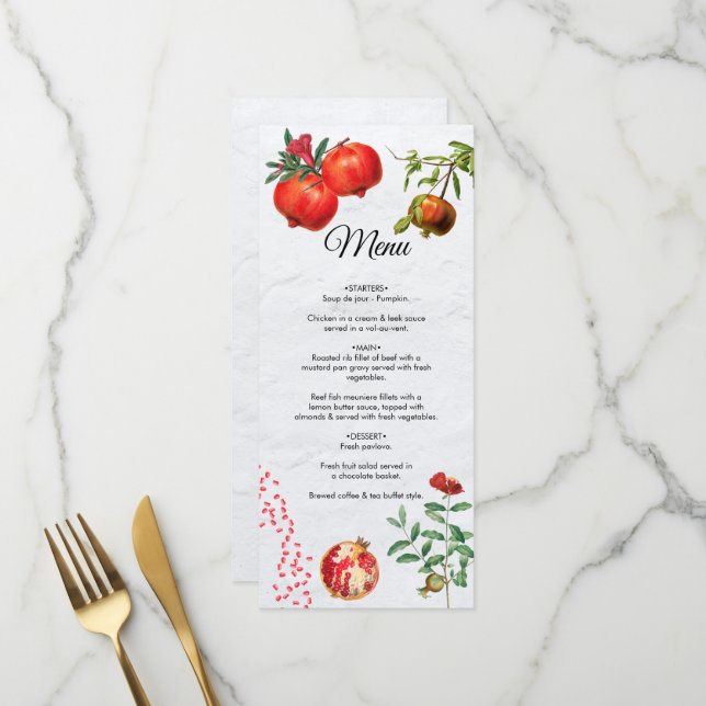 Rote Granatapfel Botanische Mittelmeer-Hochzeit Menükarte (Vorderseite/Rückseite Beispiel)