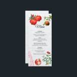 Rote Granatapfel Botanische Mittelmeer-Hochzeit Menükarte<br><div class="desc">Ein schönes Design mit rustikal roten Blumen Pomegranat Obst und Blätter auf einem mediterranen Stil weiß Waschwand. Ein elegantes Hochzeitsmenü im Pomegranate-Stil,  das perfekt für mediterrane Hochzeiten geeignet ist. Auch die passenden Hochzeitseinladungen und andere Schreibwaren sind verfügbar.</div>