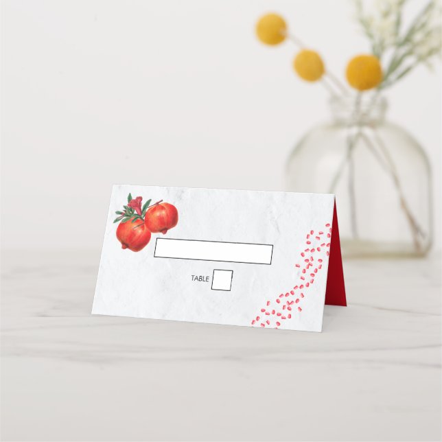 Rote Granatapfel Botanische Mittelmeer-Hochzeit Platzkarte (Vorderseite)