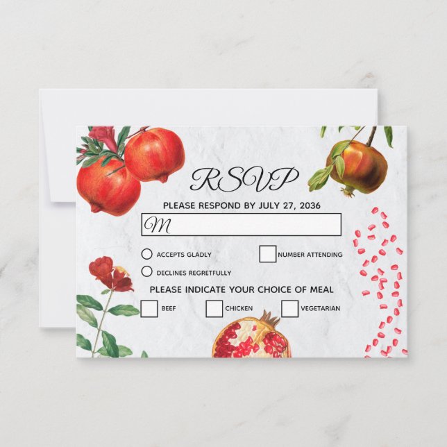 Rote Granatapfel Botanische Mittelmeer-Hochzeit RSVP Karte (Vorderseite)