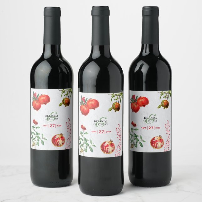 Rote Granatapfel Botanische Mittelmeer-Hochzeit Weinetikett (Flaschen)