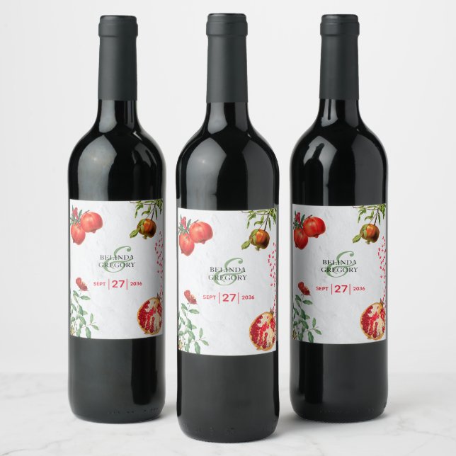 Rote Granatapfel Botanische Mittelmeer-Hochzeit Weinetikett (Flaschen)