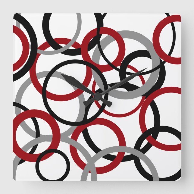Rote, graue und schwarze Kreise Quadratische Wanduhr (Vorderseite)