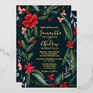 Rote grüne florale Kranzmuster-Hochzeit Folieneinladung