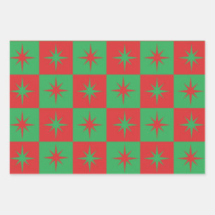 Rote grüne karierte Retro-Weihnachts-Starbursts Geschenkpapier Set