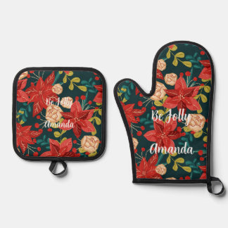 Rote Grüne Klassische Weihnachts-Blumen-Poinsettie Ofenhandschuh & Topflappen-Set