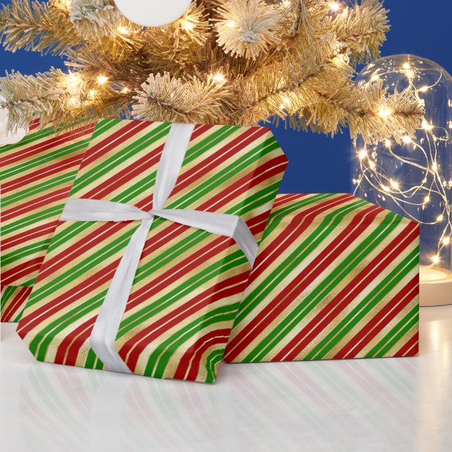 Rote, grüne und goldene Weihnachtsstreifen Geschenkpapier (Feiertage)