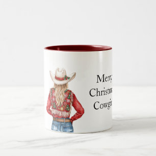 Rote Grüne Weihnachts-Cowgirl Blondine Zweifarbige Tasse