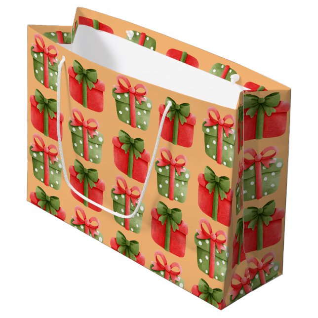 Rote, grüne Weihnachtsgeschenke Orange Große Gesch Geschenktüte (Vorderseite Schrägansicht)