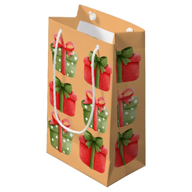 Rote, grüne Weihnachtsgeschenke Orange kleine Gesc Geschenktüte (Vorderseite Schrägansicht)