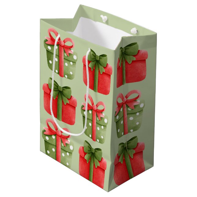 Rote, grüne Weihnachtsgeschenke Pastel Mittlere Ge Geschenktüte (Vorderseite Schrägansicht)