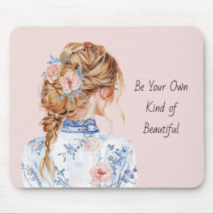 Rote Haare Weibliche Blau Weiße Röte Florale Bluse Mousepad