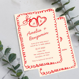 rote handgezeichnete Herz Whimsical Hochzeit Einladung