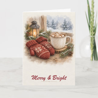 Rote Handschuhe und Kakao Merry & Bright gefaltet Karte