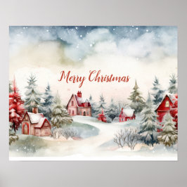 Rote Häuser Grüne Pinienbäume Weihnachtslandschaft Poster