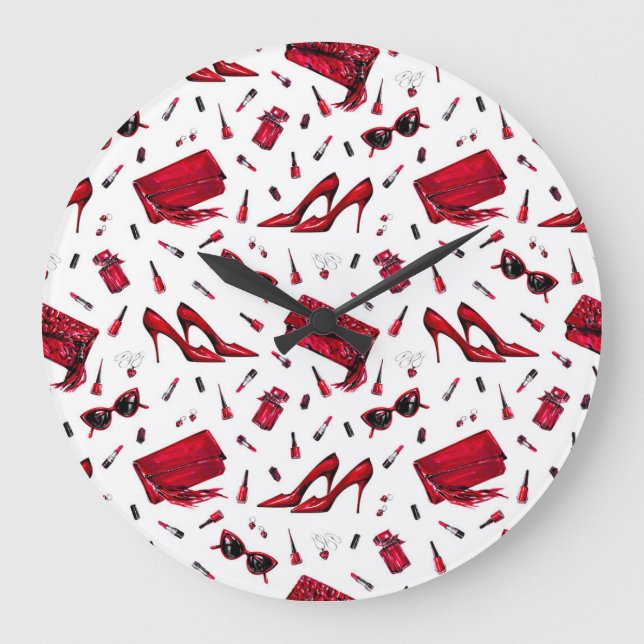 Rote Heelse, Modeaccessoires Muster. Große Wanduhr (Vorderseite)