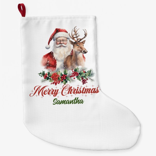 Rote Heilige Beeren | Santa mit Rentieren Großer Weihnachtsstrumpf (Vorderseite)