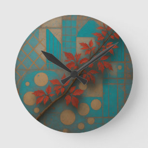 Rote Herbstblätter Türkis Geometrisches Mosaik Runde Wanduhr