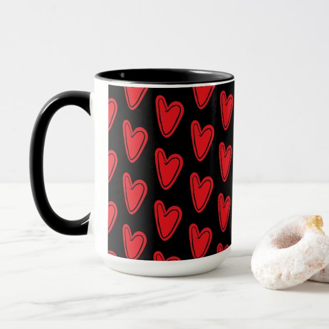 Rote Herzen auf schwarz Tasse (Mit Donut)