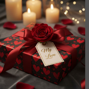 Rote Herzen auf schwarzer Romantik Geschenkpapier