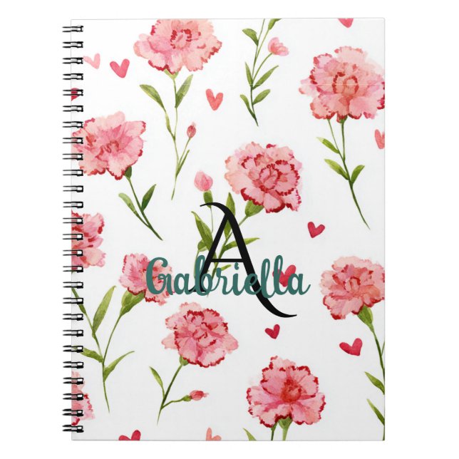 Rote Herzen Blumen Monogramm Name Notizblock (Vorderseite)