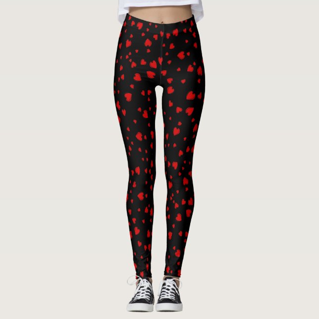 Rote Herzen Floating Muster auf schwarz Leggings (Vorderseite)