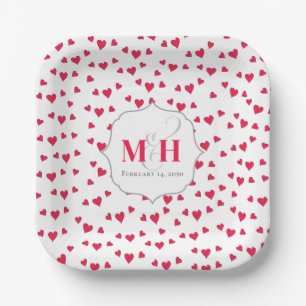 Rote Herzen Monogramm Kalligrafie Schrift Und-Zeic Pappteller