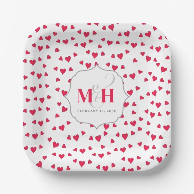 Rote Herzen Monogramm Kalligrafie Schrift Und-Zeic Pappteller (Vorderseite)