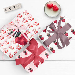 Rote Herzen Mops-Hundefreund Valentinsgeschenk Geschenkpapier Set