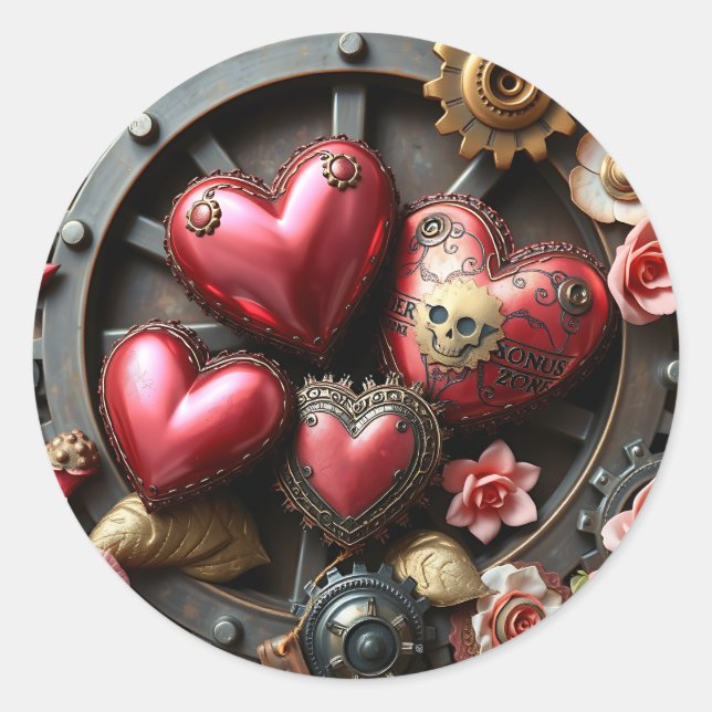 Rote Herzen, Schädel, Blume Steampunk Runder Aufkleber (Vorderseite)