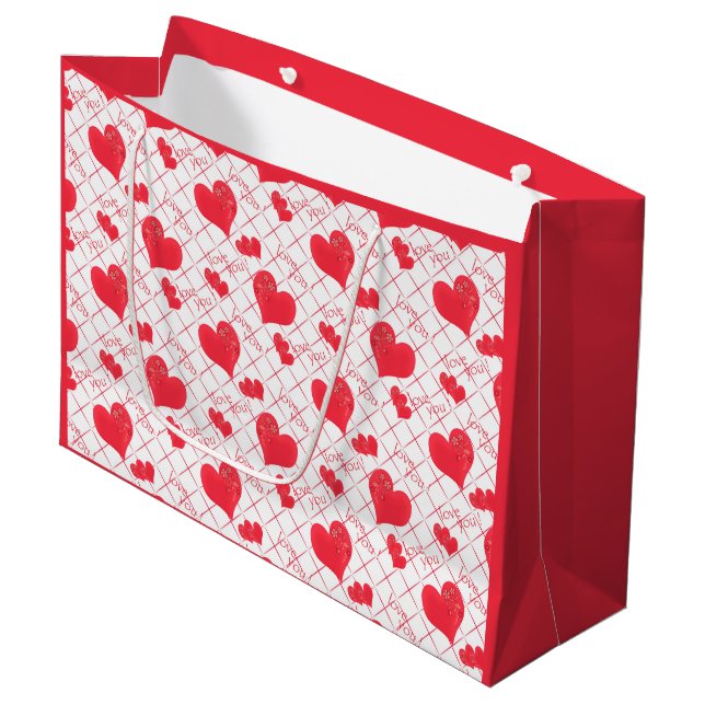 Rote Herzen, Text, "Liebe du" . Große Geschenktüte (Vorderseite Schrägansicht)
