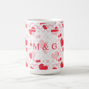 Rote Herzen, Text, "Liebe du", rot-weiß, Karo Kaffeetasse