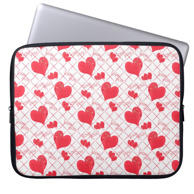 Rote Herzen, Text, "Liebe du", rot-weiß, Karo Laptopschutzhülle (Vorderseite)