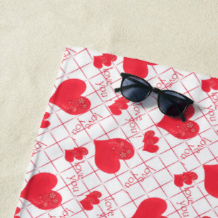 Rote Herzen, Text, "Liebe du", rot-weiß, Karo Strandtuch